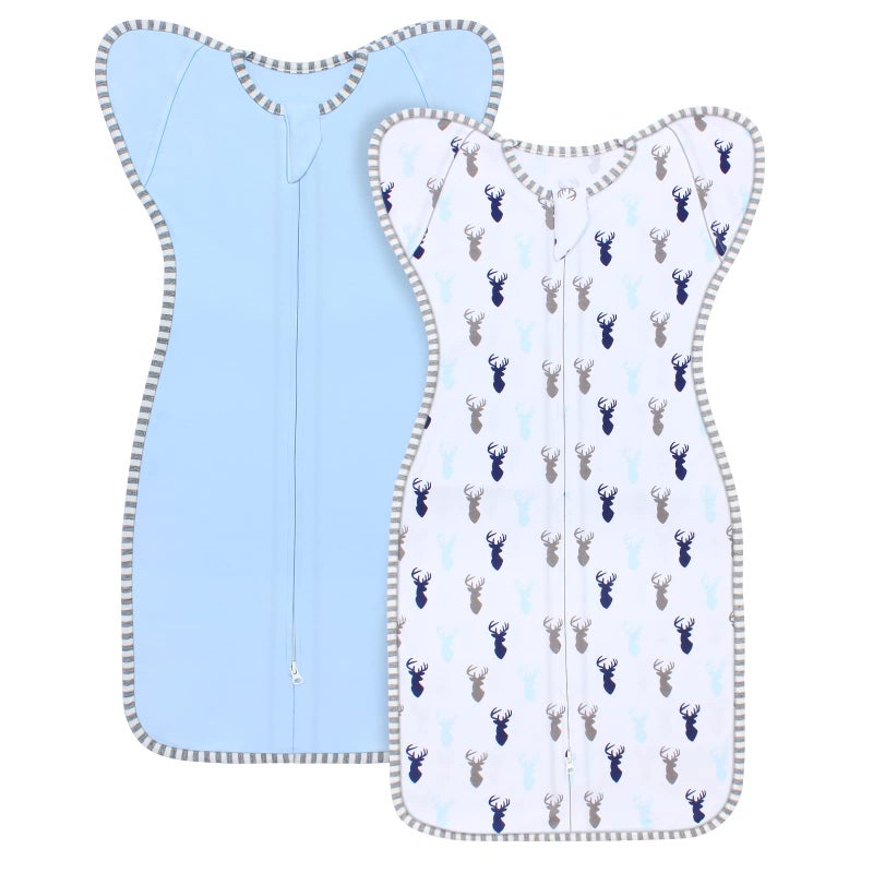 Roksuma Transition Swaddle Baby Sleep Sack 0-3 Months Arms up Swaddles 2-Way Zipper 100% Cotton Arms in/out, 0.8 Tog Baby Swaddles for Newborn Boy Girl, 2-Pack Transitional Swaddle Sack (Small 5-14lbs) - Image 1